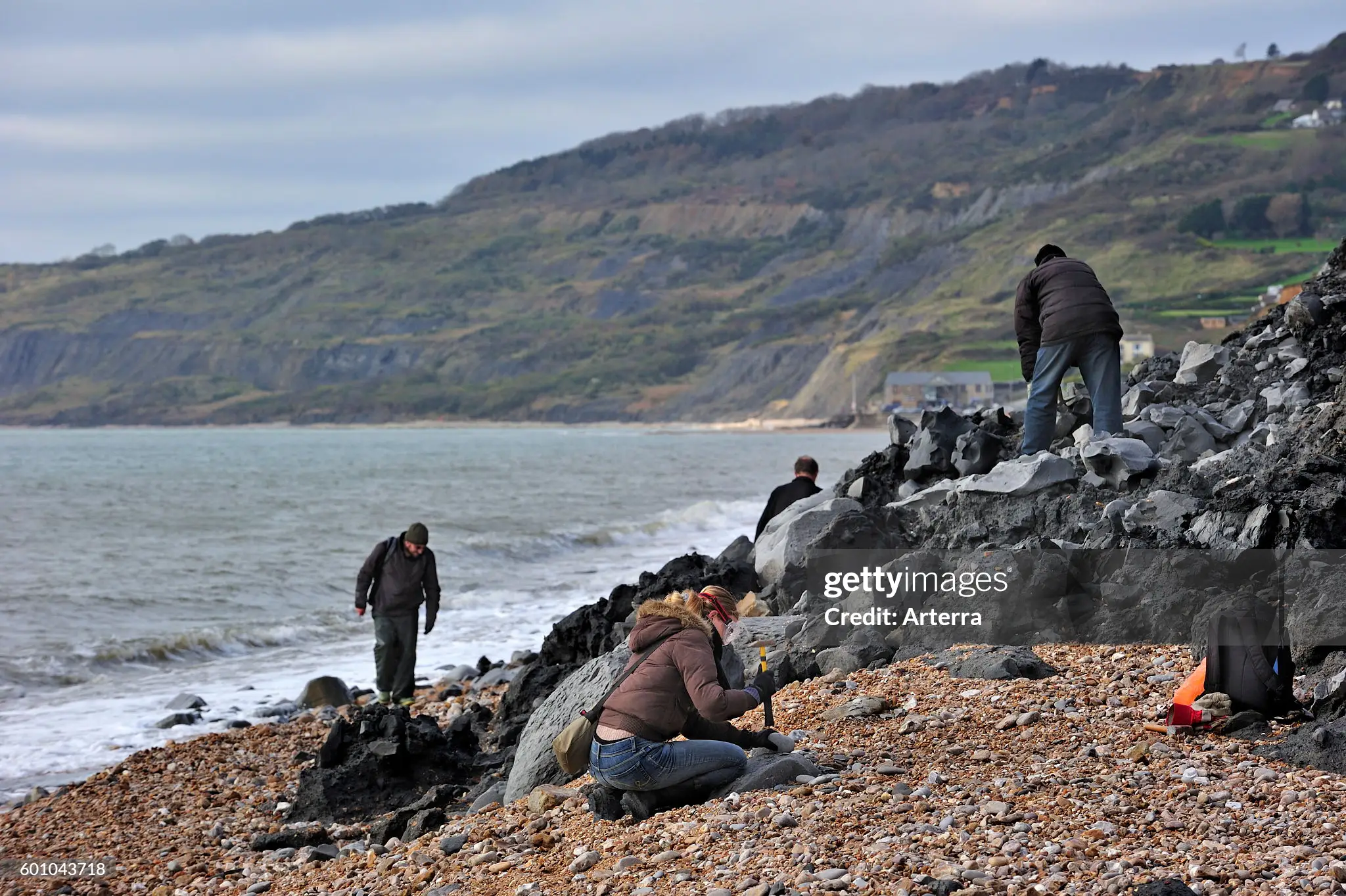 Palaeontologists and tourists looking for fossils on beach after landslide